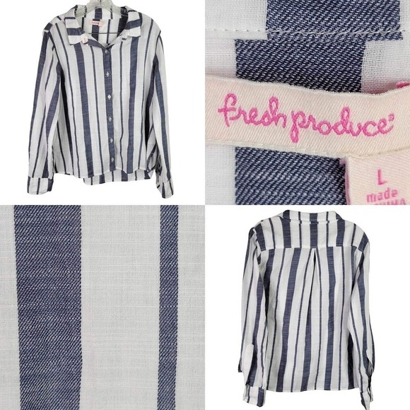 Fresh Produce Shirt Oxford Button Up Long Sleeve Large Cotton Striped Nautical - Picture 1 of 9